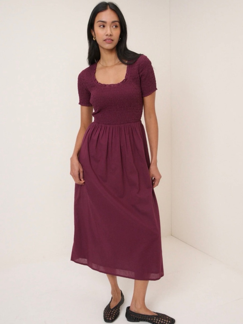 Burgundy Midi Dress with Scoop Neck